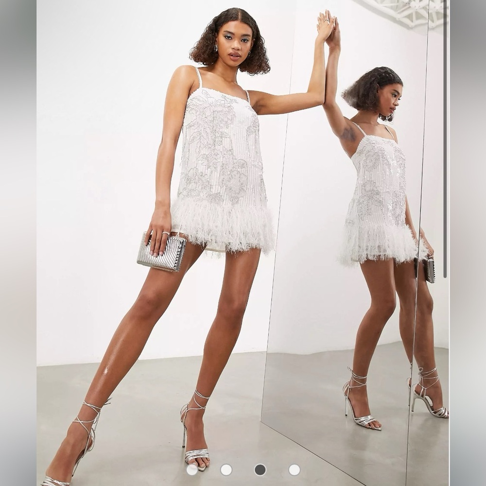 ASOS EDITION floral sequin and bead mini dress with faux feather hem in white